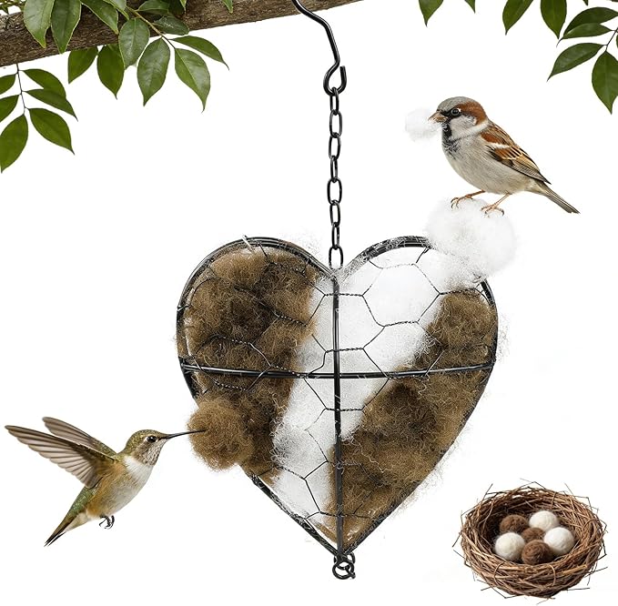 Handmade Alpaca Fiber Bird Nesting Heart,Refillable Hummingbird Nest Holder,Birds Nests Material Holder,Winter Tree Shelter for Wild Bird,Hummingbird Houses Nest Boxe for Outside Garden Art Birdhouse