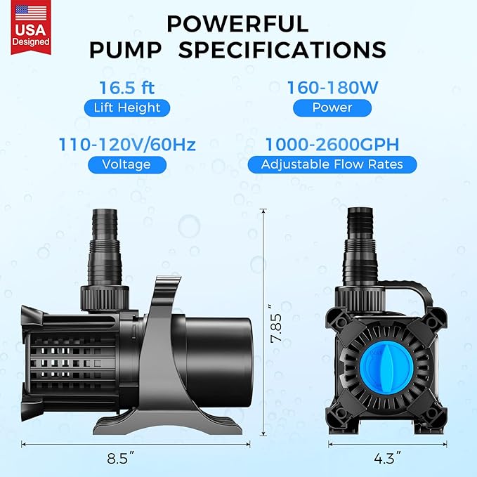 Pond Pump, 2600 GPH Adjustable Flow Submersible Water Pump with Filter Bag, Copper Motor, IPX8 Waterproof for Outdoor Koi Pond, Fountain, Waterfall, Hydroponics