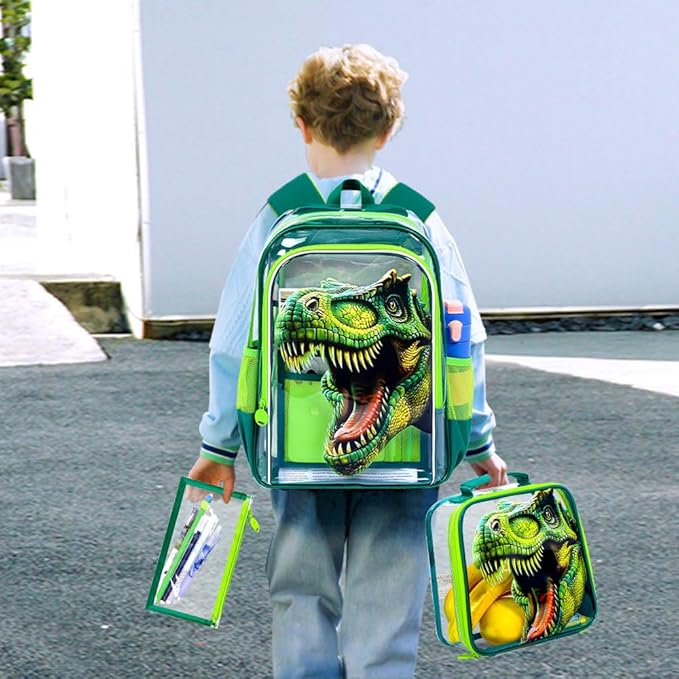 16" Dinosaur Clear Backpack for Boys - 3Pcs School Stadium Approved Transparent Set, Campus See Through Bookbag with Lunch Box (Green)