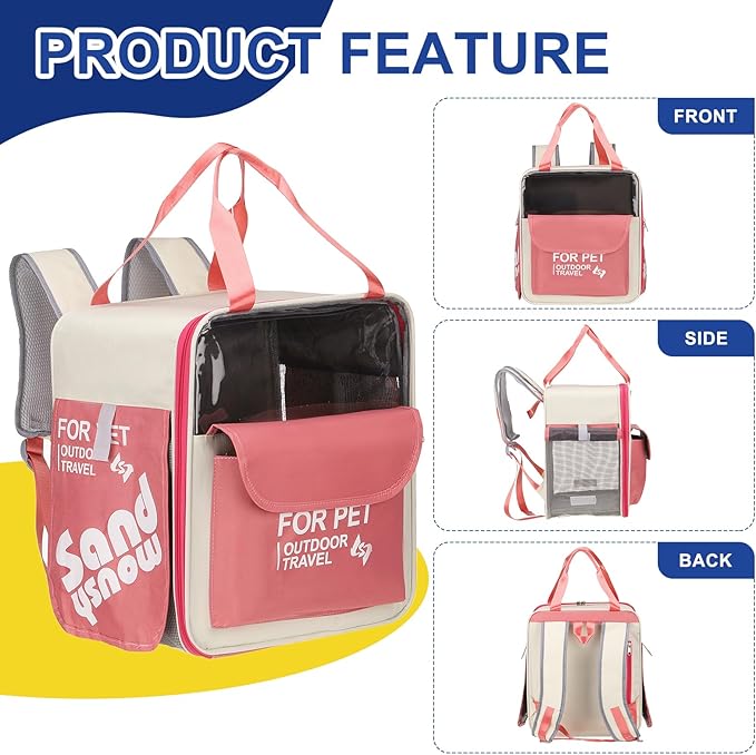 Pet Backpack Carrier, Portable and Ventilated, Oxford Cloth, Dogs Cats and Small Animals Travel Bag 13.39" Up to 16.5 Lbs, (Pink), Intended for Hiking/Camping/Traveling