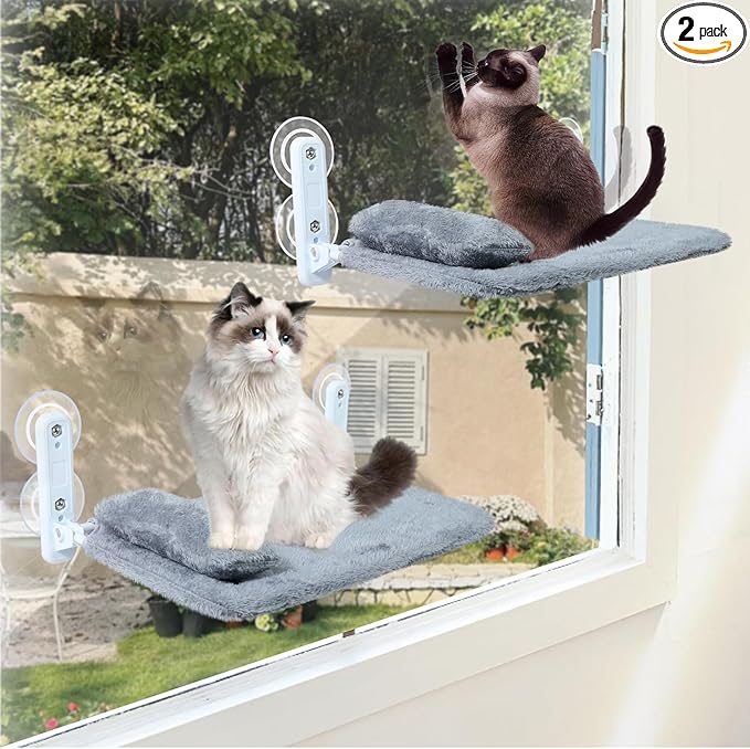2-Pack Cat Window Perch for Cats Inside Cordless, Sturdy Foldable Cat Hammock Bed for Window with Pillow, Pet Window Seat with Metal Frame and Reversible Cover, Pet Perch Bed Shelf for Cats Inside(L)