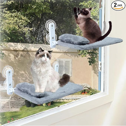 2-Pack Cat Window Perch for Cats Inside Cordless, Sturdy Foldable Cat Hammock Bed for Window with Pillow, Pet Window Seat with Metal Frame and Reversible Cover, Pet Perch Bed Shelf for Cats Inside(L)