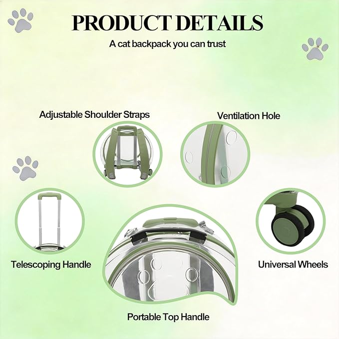Cat Backpack Carrier, Transparent & Breathable Cat Carrier with Wheels, Large Space Bubble Pet Backpack for Kitty Dog Bunny Up to 20lbs, Multiple Carrying Options, Perfect for Traveling/Taking a Walk