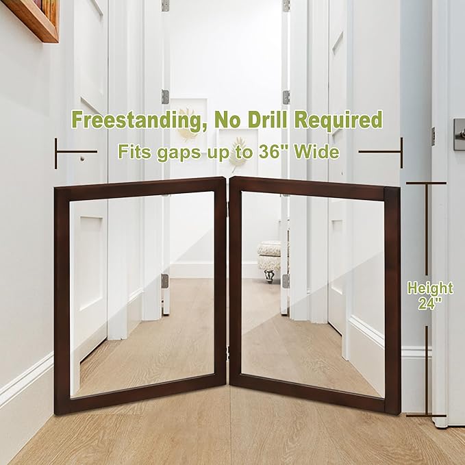LZRS Clear Dog Gate for Indoor Use - Transparent Pet Fence with Solid Hardwood and Plastic Board, Stylish & Durable freestanding Pet Gate for Doorways, Stairs and Hallways-2 Panel Brown