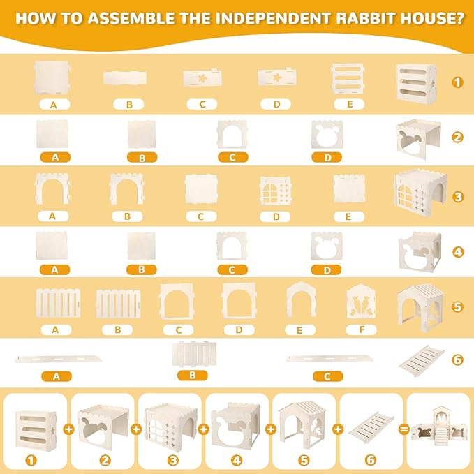 Extra Large Rabbit Castle, Wooden Bunny House & Hay Feeder, Detachable Rabbit Hideaway, Indoor Rabbit Castle with Ramp, Small Animal Houses & Habitats