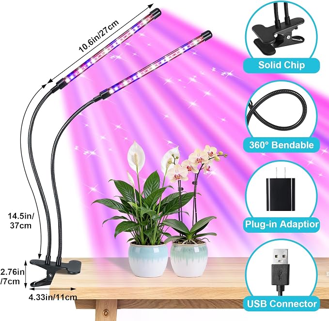 Grow Light for Indoor Plant, Full Spectrum Clip Plant Lamp with Red, Blue, White Light, Plant Growing Light with Adjustable Gooseneck, 4/8/12/18H Timer, 10 Brightness Levels, 3 Lighting Modes, 2 Pack