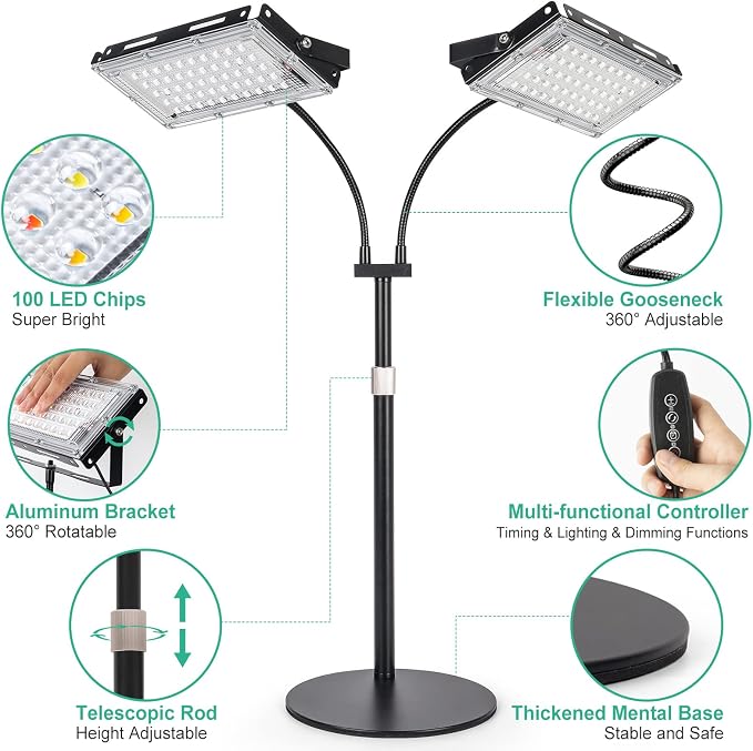 LBW Grow Light for Indoor Plant,Full Spectrum Dual Heads Desk Plant Light | 3H/6H/12H Timer Grow Lamp,6-Level Brightness, 3 Lighting Mode, Height Adjustable, Flexible Gooseneck, Ideal for Indoor Growth