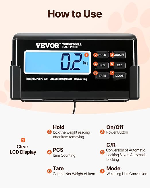 VEVOR 1100Lbs x 0.2Lbs Digital Livestock Scale Large Pet Vet Scale Stainless Steel Platform Electronic Postal Shipping Scale Heavy Duty Large Dog Hog Sheep Goat Pig Sheep Scal