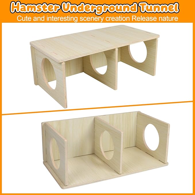 Hamster and Mouse Wooden Tunnel Cage Secret Peep Shed 2-Chamber Wooden Hamsters Chamber for Gerbil Rat Mice Hideout & Tunnel Exploring Toys