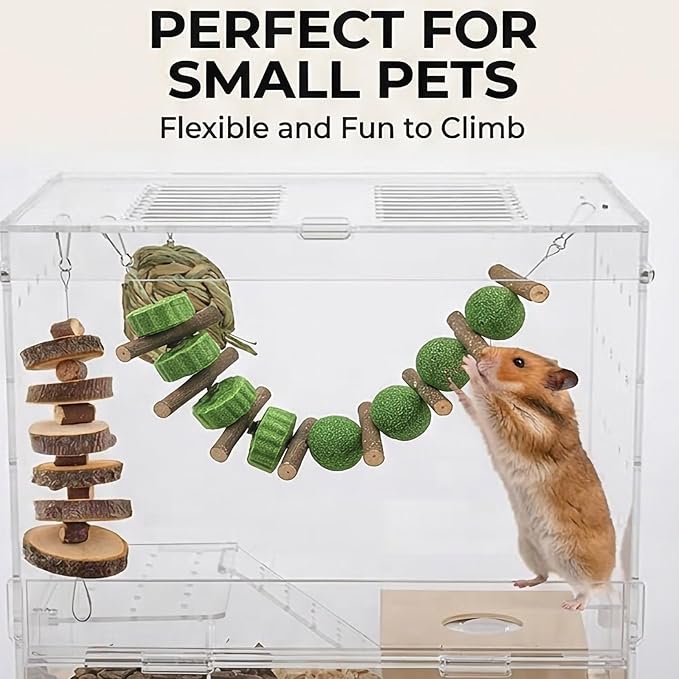 5pcs Rabbit Toys,Bunny Chew Treat for Teeth Grinding,Hanging Timothy Hay Ball +Apple Stick Wood +Alfalfa Grass Cake Food Snack for Cage Guinea Pig Chinchilla Hamster Squirrel Gerbil Rat Parrot
