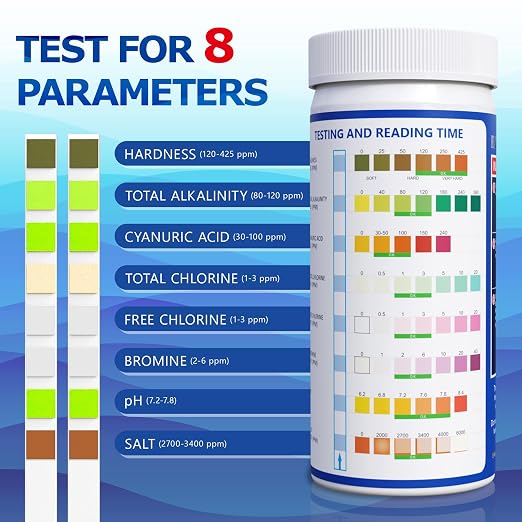 Salt Pool Test Strips Salt Water Pool Testing Kit (8-Way) | 125 Spa Hot Tub Test Strips Saltwater Pool Test Kit - Rapid Accurate Easy to Test Hardness, Bromine, pH, Salt and More