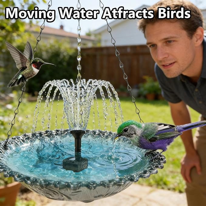 Hanging Solar Bird Bath Fountain with Solars Pump & Bowl & Chains Large Humming Solar Water Fountains with Flowing Water for Outdoor Garden Backyard Patio Lawn(Purple)