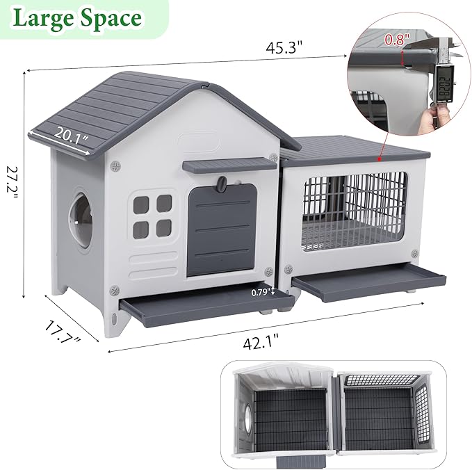 Rabbit Hutch Outdoor Indoor Plastic Waterproof Bunny Cage Enclosure Chew-Proof Rabbit House Guinea Pig Cage Pet House for Small Animals,Two Room