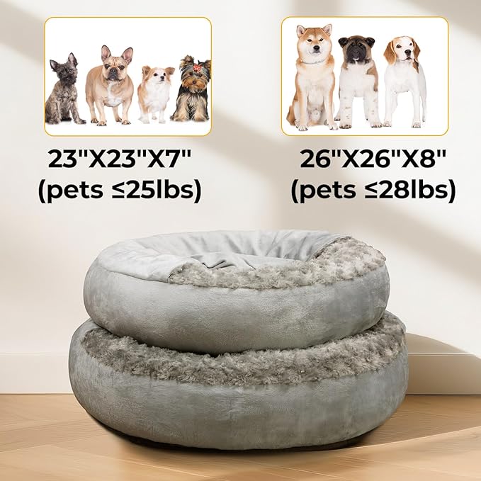 Small Dog Bed with Blanket Installation Required Removable Cover Cave Washable Cat Pet Bed for Crate Toy Puppy Donut Round Pad Plush Cozy Anti-Slip Bottom Gray 23X23X7 inch