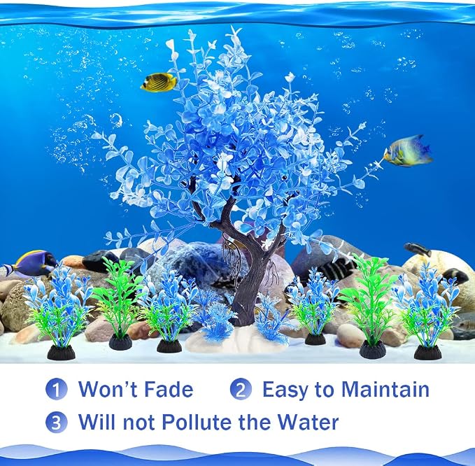 Aquarium Fish Tank Decorations, Blue Plastic Tree with 6 Pack Small Artificial Aquarium Plants Set for Betta Fish Tank Decor