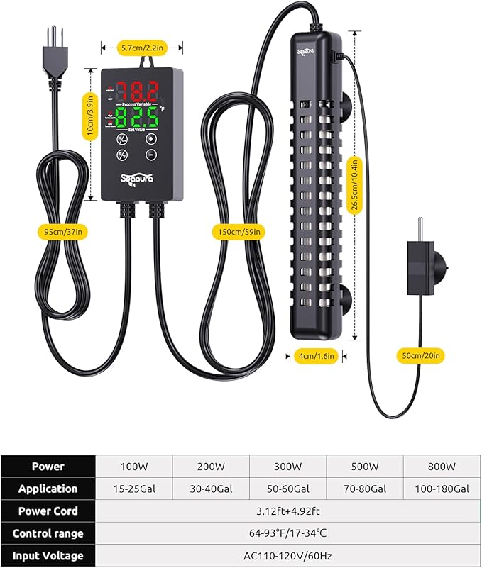 SEAOURA Aquarium Heater, 100W Fish Tank Heater for 15-25 Gallon, Submersible Turtle Heater with Digital Display Adjustable Safety Protection, Auto Power-Off When Leaving Water