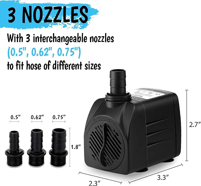 400GPH Submersible Pump 25W - Ultra Quiet Fountain Water Pump, 1500L/hr, 6.56ft High Lift, 3 Nozzles - Submersible Water Pump for Aquarium, Fish Tank, Pond, Hydroponics, Statuary (Compact 400GPH)