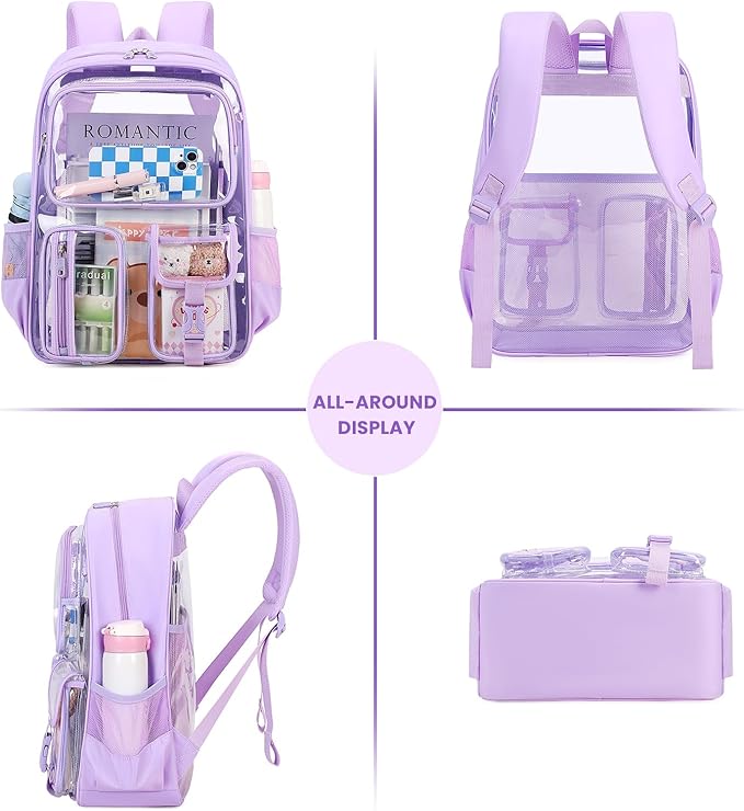 MUSEVOS Clear Backpack for School, Heavy Duty Clear Bookbag for Girls Boys Transparent Backpack with Badge Holder, Purple