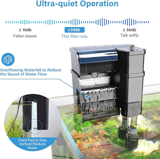 hygger Aquarium Filter, Ultra Quiet Aquarium Hang on Filter, Multi-Stage Filtration Activated Carbon Biochemical Fish Tank Filter for up to 50 Gallon Aquariums, Adjustable Flow, 153 GPH, 7W, Black