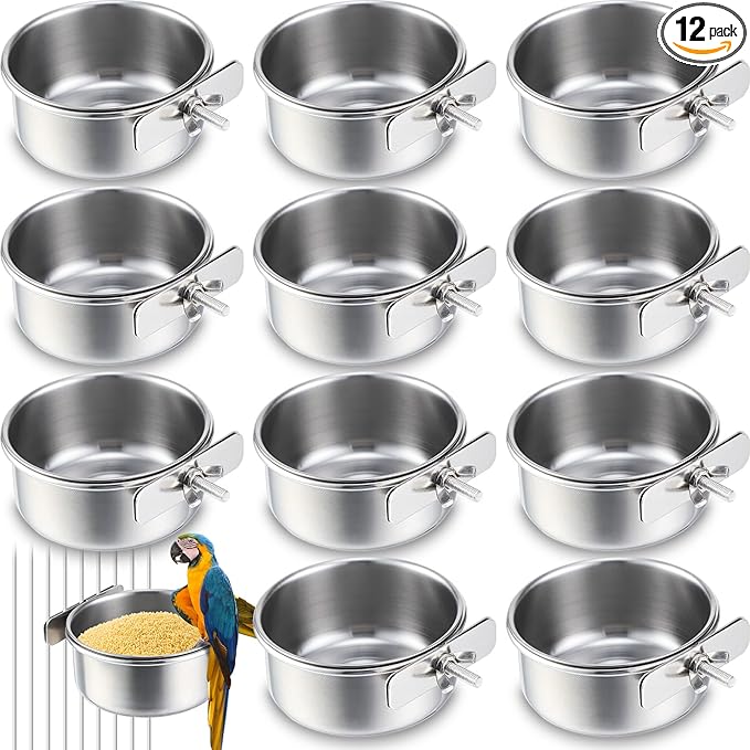 Ziliny 12 Pcs 10 oz Stainless Steel Bird Feeding Dish Cups Bird Feeder with Clamp Parrot Food Cups for Cage Pet Water Cage Bowls for Budgies Parakeet Cockatiel Small Animal