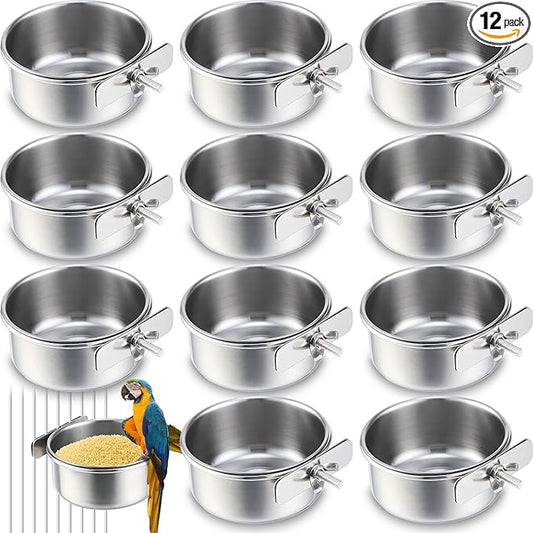 Ziliny 12 Pcs 10 oz Stainless Steel Bird Feeding Dish Cups Bird Feeder with Clamp Parrot Food Cups for Cage Pet Water Cage Bowls for Budgies Parakeet Cockatiel Small Animal
