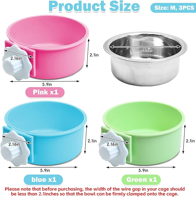 kathson Crate Dog Bowl, Removable Stainless Steel Hanging Pet Cage Bowl Food & Water Feeder Coop Cup for Cat, Puppy, Birds, Rats, Guinea Pigs (3 PCS, Size: M, Blue, Green, Pink)
