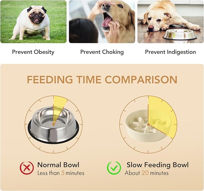 Havniva Ceramic 1.2 Cup Dog Bowl Slow Feeder, 7.3 inch Slow Pet Food Dish for Medium and Small Dog, Stop Bloat, Preventing Choking(Single Bowl, Light Yellow)