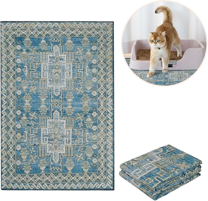 Lovewag Pets Cat Litter Box Mats 2 Pack - Medium 28x41 Inch Machine Washable, Easy Clean, Non-Slip, Waterproof Mats for Indoor Cats - Kitty Litter Mess Control & Pet Urine Floor Protection (Blue Mesa)