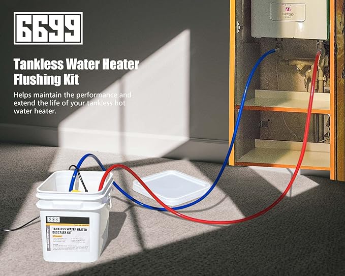 Tankless Water Heater Flushing Kit Includes 1/4HP Submersible Sump Pump with Two Adapters & 3 Gallons Pail with Bucket Lid Opener & Two 1/2” Dia X 6’ PVC Hoses with Washers