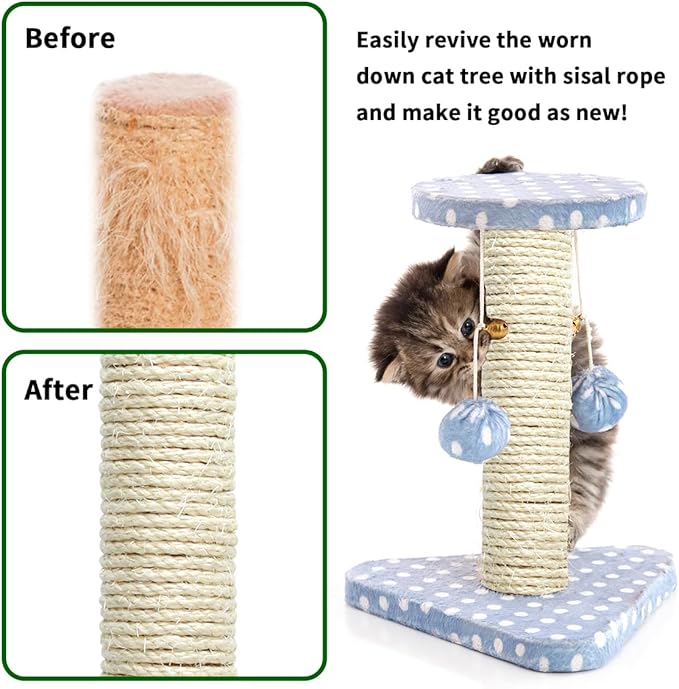 Natural Sisal Rope 1/4 Inch 6mm 98-Feet for Cat Scratching Post Tree Tower Replacement Repair and Replace, DIY Hemp Twine Rope for Cat Scratching Furniture Window Perch and Crafts Gardening