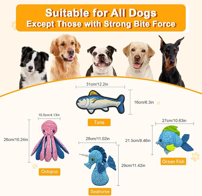 11.42" Recycled Canvas Seahorse Squeaky Dog Toy, Durable Stuffed Chew Toy for Puppy Teething, Interactive Play for Small Medium Large Dogs