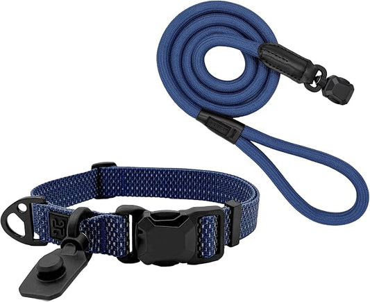 Quick Clip Dog Collar & Rope Leash Set, Blue Large – Magnetic Buckle, Reflective