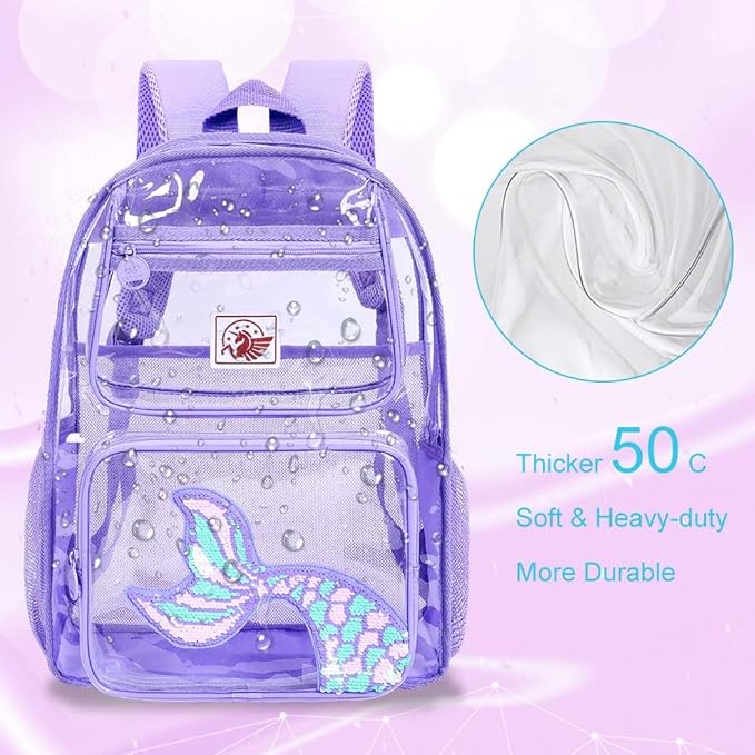 AGSDON 3PCS Clear Backpack for Girls, Kids Mermaid Transparent Backpack with Heavy Duty PVC, See Through Backpacks with Lunch Bag-Purple