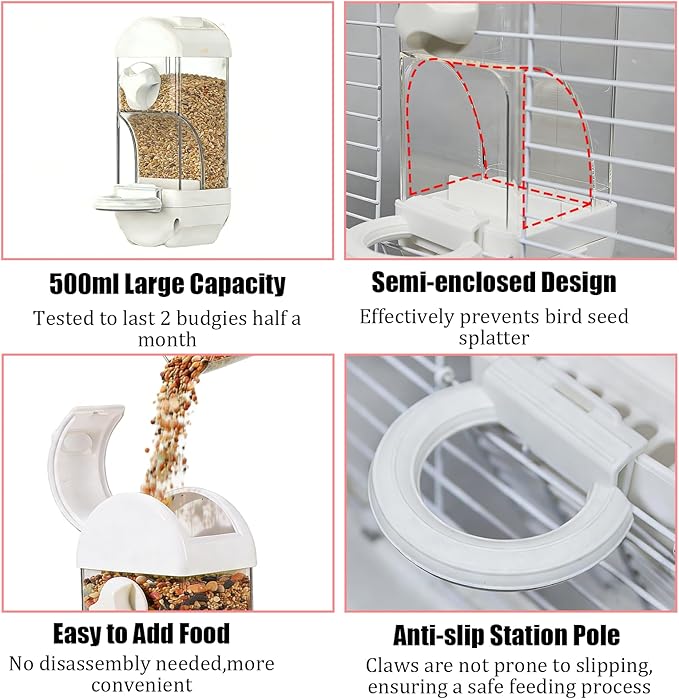 Automatic Bird Cage Feeder No Mess Bird Feeding Station Parrot Vegetable Holder Fruit Clips for Parakeet Cockatoo Canary Lovebirds Budgie (White)