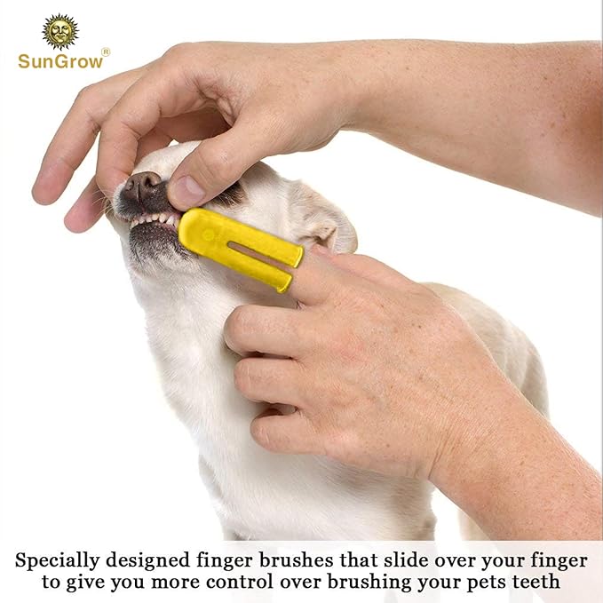 SunGrow Dog & Ferret Toothbrush Set of 4, 2 Long Dual-Headed and 2 Finger Brush, Blue and Yellow, Puppy, Cat, and Small Breed Dog, 9-Inches and 2.5-Inches