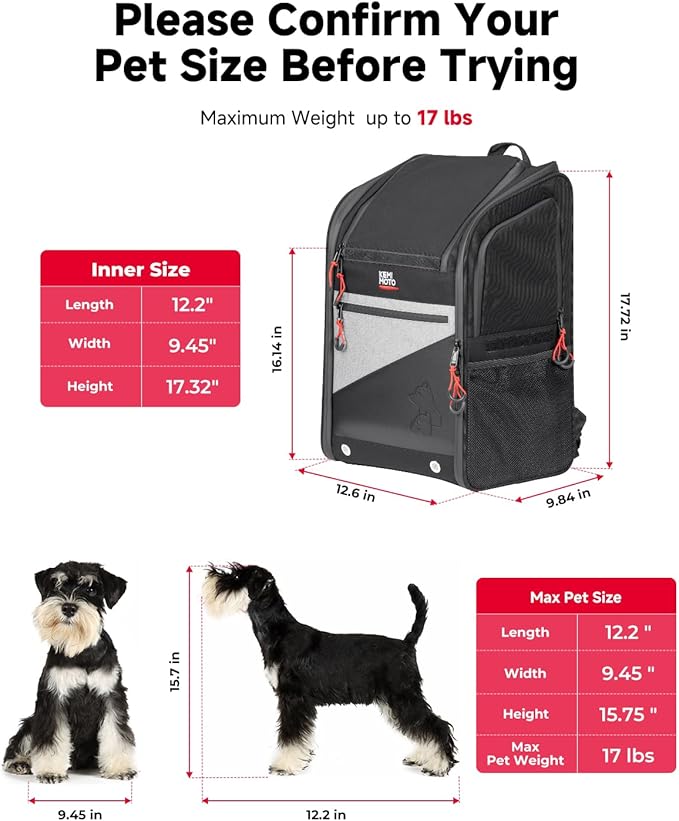 KEMIMOTO Motorcycle Dog Carrier Backpack for Small Dog & Cat Under 17 lbs, Anti-Escape Safety Clip, Padded Shoulder Straps Pet Carrier for Street Glide with Passenger Seat Touring Trike Models Can Ams