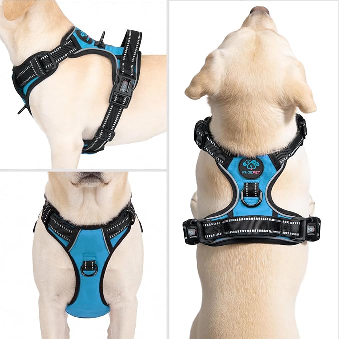 PHOEPET Reflective Dog Harness No Pull Large Breed Vest with 2 Metal Leash Attachment Hooks(XL, Blue)