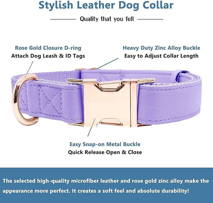 Soft Leather Dog Collar and Leash (6.6') Set - Stylish Rose Gold Heavy Duty Metal Buckle, 4 Adjustable Lengths Leash for Small Medium Large Dogs - Comfortable & Easy to Clean (L, Light Purple)