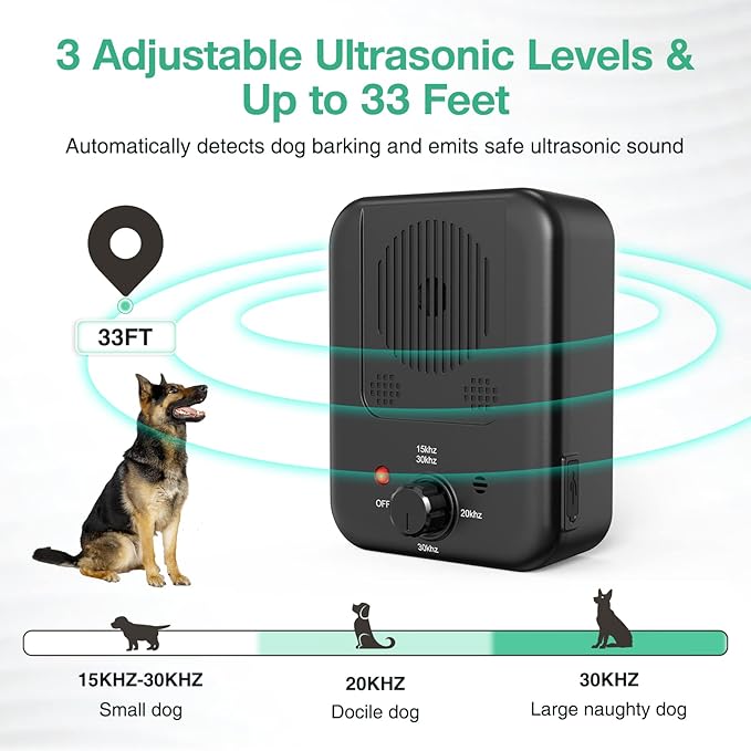 Queenmew Anti Barking Device for Dogs, 3 Modes Rechargeable Dog Bark Deterrent Devices, 30ft Effective Stop Bark Box with Adjustable Frequency & Range for Walking, Fit All Breeds&Size Dog