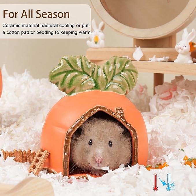 Ceramic Hamster Hideout, Hamster House and Habitat, Syrian Hamster Hideout Decor Cool Bed for All Season Gerbil, Mice Guinea Pig (Orange, Carrot)