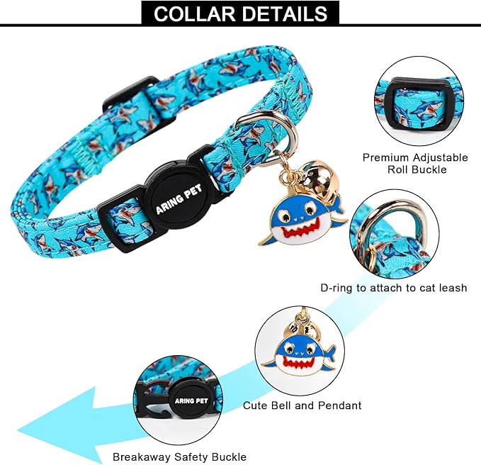 ARING PET 2 Pack Cat Collars with Bell, Cute Soft Cotton Kitten Kitty Breakaway Summer Cat Collars for Boy Girl Cats-Blue Shark & Ice Cream