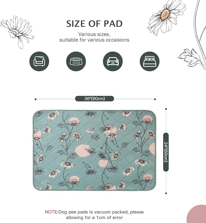 IEUUMLER Washable Pee Pads for Dogs, 2 Pack Non-Slip & Waterproof Pack Whelping Pad, Reusable Washable Puppy Potty Training Pad with Fast Absorbent for Playpen EU007 (Green Daisy, 36"X24"-2pcs)