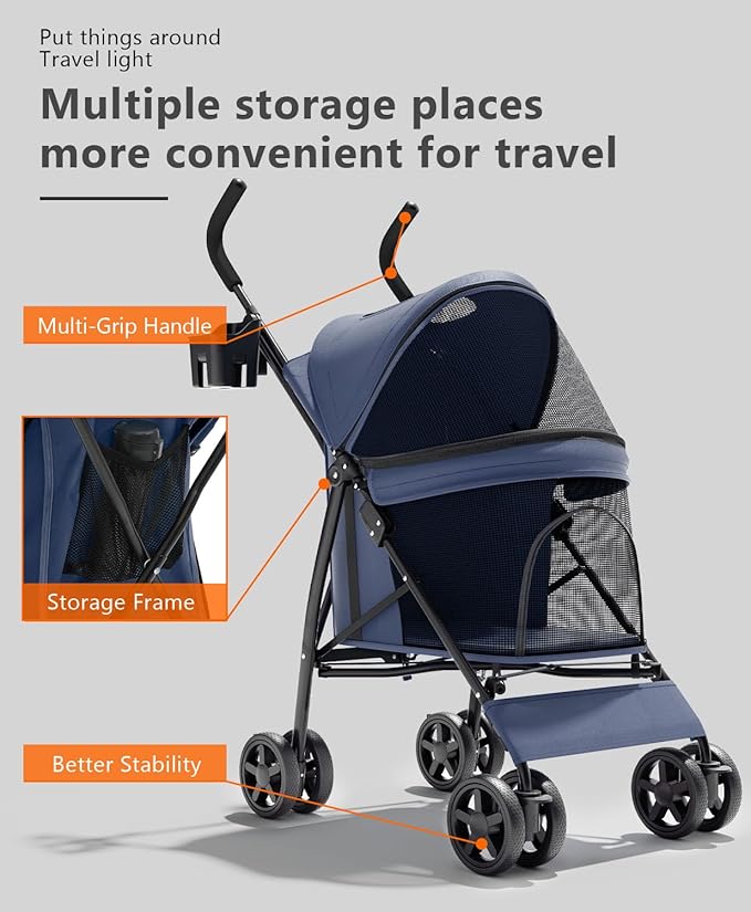 OS MOTOR Pet Stroller with 4 Wheels for Small/Medium Pets, Portable Travel Foldable Carrier Jogger for Dog Cat Puppy Kitty, Rear Wheel Breaks, Storage Basket, Visible Mesh Weather Cover (Navy Blue)