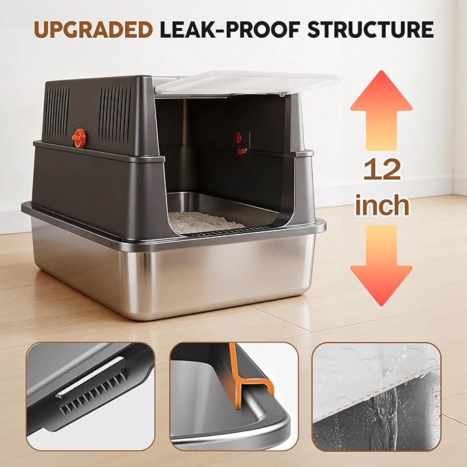 Stainless Steel Litter Box with Lid: Enclosed Cat Litter Box for Small Cats & Kitten, Metal Kitty Litter Pan with High Sided Enclosure, Include Scoop & Mat, Odor Control, Anti-Leakage