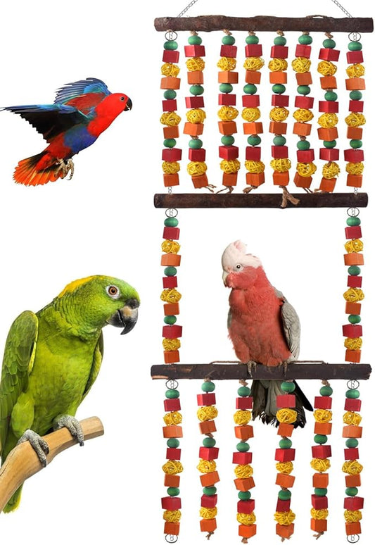DBNESS 43" Extra Large Bird Parrot Toys, Multicolored Wooden Blocks Chewing Toy with Rattan Balls and Perches for Eclectus, African Greys, Cokatoos, Amazon Parrots