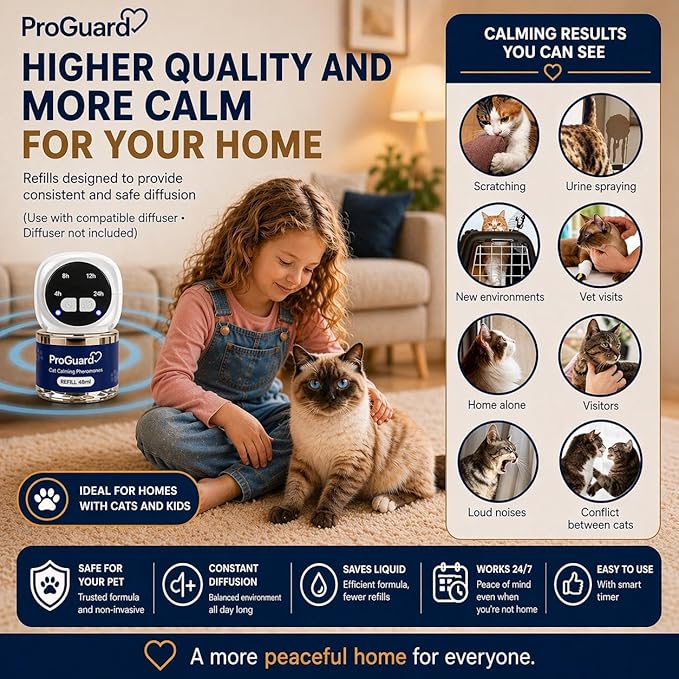 ProGuard® Cat Calming Diffuser Refill 6 Pack Cat Calming Pheromone Diffuser Refill Cat Plug in Pheromones Cat Stress Diffuser Cat Pheromones Calming for Cats Anxiety and Stress 48ml Vial-180 Days