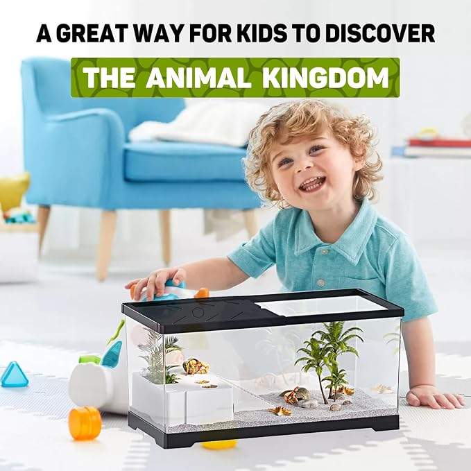 Turtle Fish Tank with Basking Platform and Bottom Drainage, 15.8" x 8" x 8.8" Aquatic Turtle Tank for Juvenile Turtle, Crayfish, Crabs, Amphibians, Reptiles, PC Material, Black Color