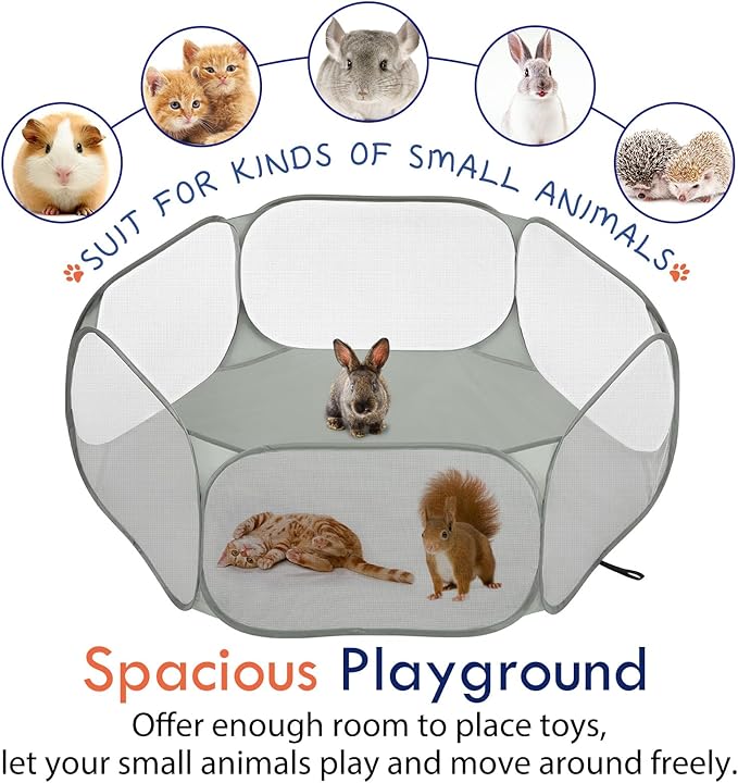 Pawaboo Small Animals Playpen, Waterproof Small Pet Cage Tent with Strong Steel Wire Frame, Portable Outdoor Yard Fence for Chick/Kitten/Puppy/Guinea Pig/Rabbits/Hamster/Chinchillas, Gray