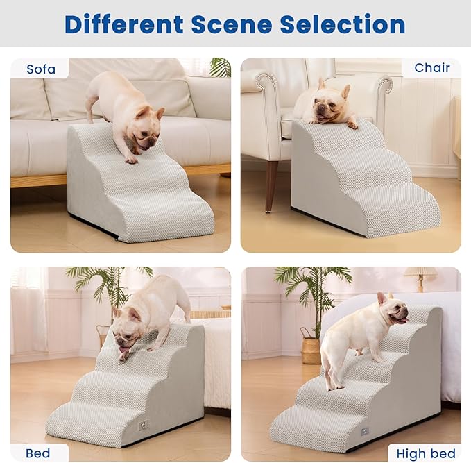 Airpanda Dog Steps for Bed, 4 Step Pet Stairs for Small and Medium Dogs, Non-Slip Dog Ramp with Washable Cover, High-Density Support Foam for Easy Climbing,Light Grey