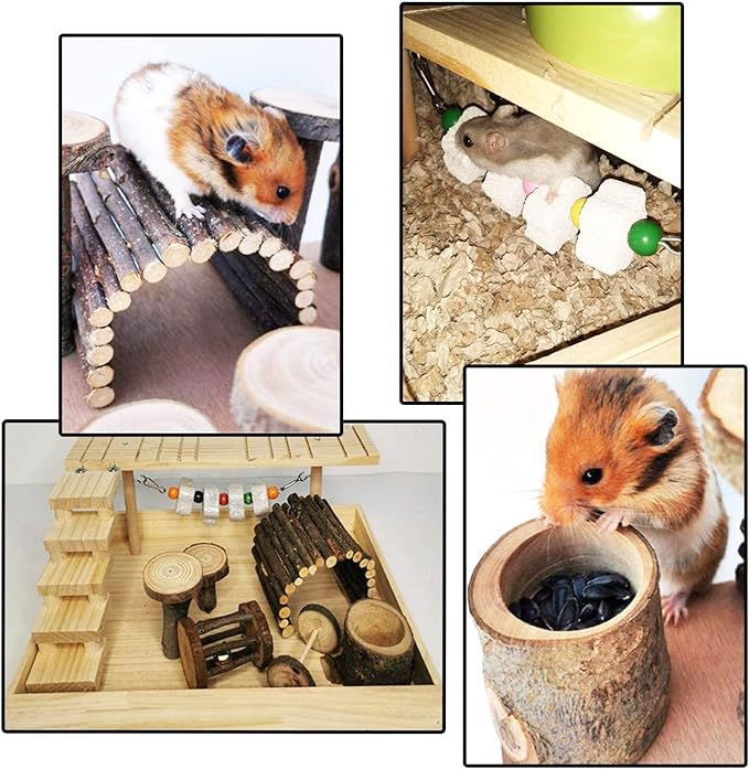 Hamiledyi Dwarf Hamster Activity Playground Natural Wood Gerbil Climbing Platform Mice Living Gym System Set Syrian Exercise Cage Accessories with Lava Stone String Chewing Toy Ladder Bridge Ramp